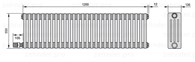 Схема (чертеж) Радиатор Zehnder Charleston 4055/28 №V004 Белый глянцевый RAL 9016